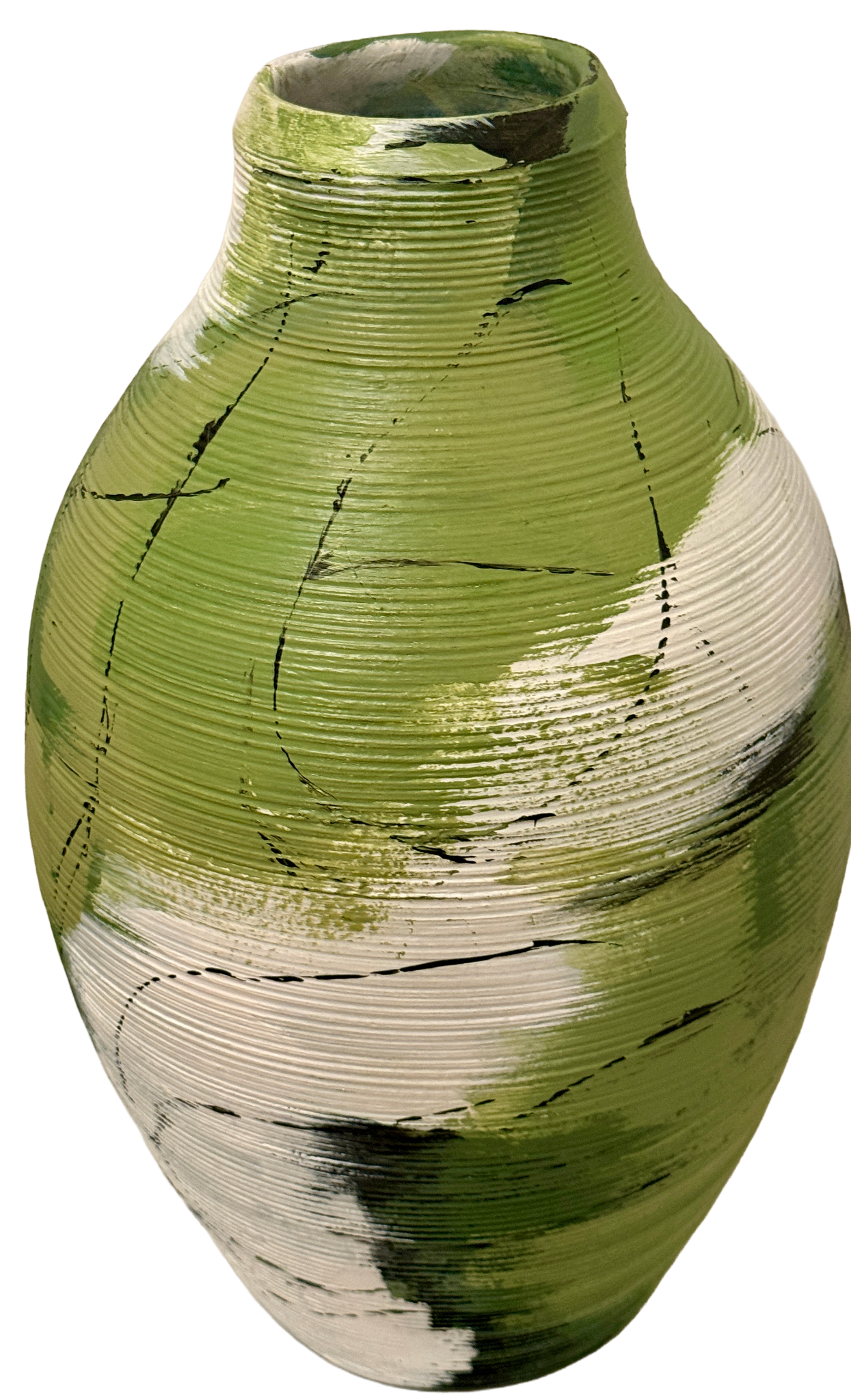 Green Floor Vase, 51 cm tall, featuring original abstract hand-painted artwork by Danish artist Anitta Jonas in white, black and various shades of green. Ribbed surface with expressive lines created using a pheasant feather. The vase itself is not made by the artist.