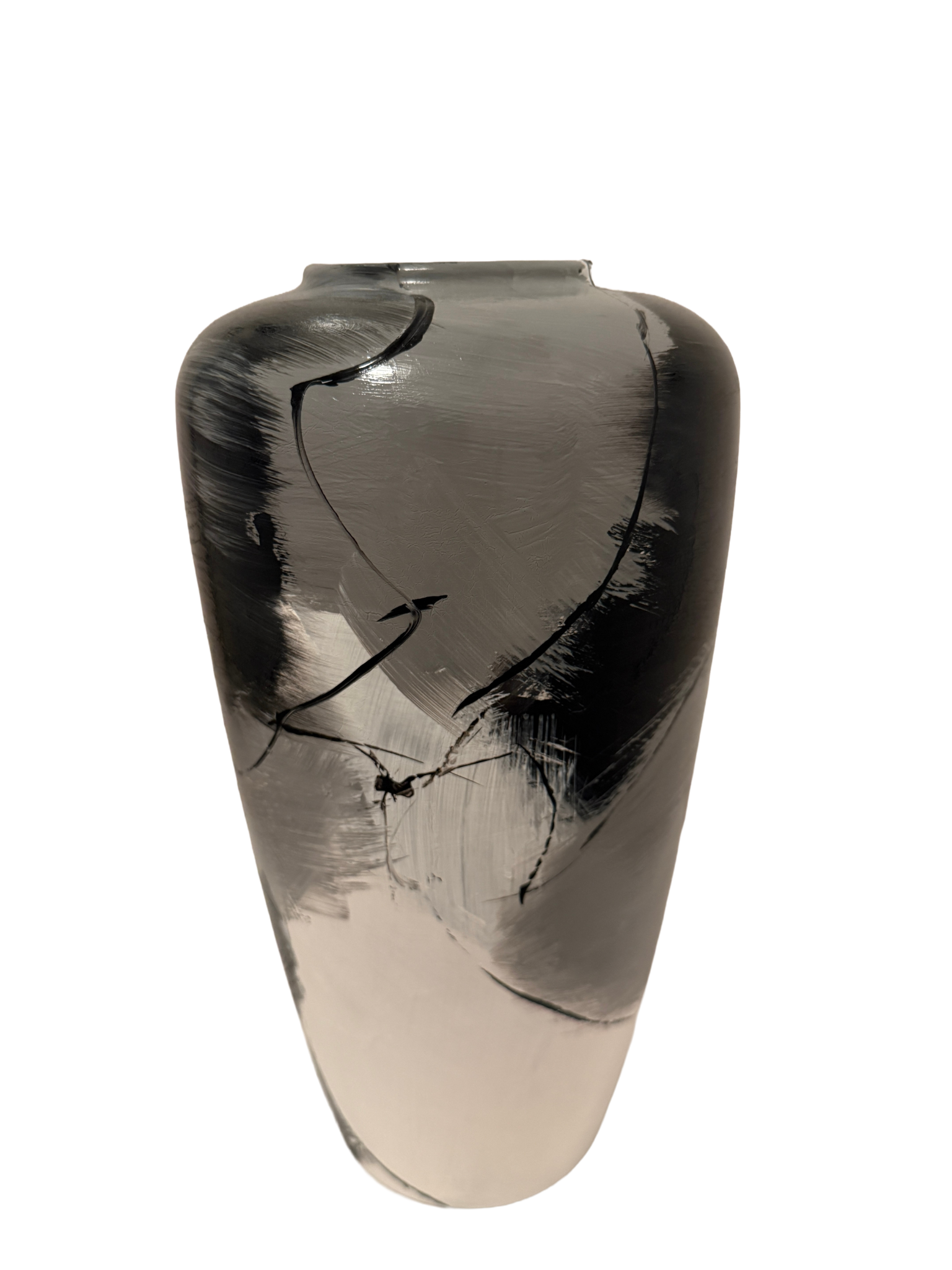Black and White Vase featuring original abstract hand-painted artwork by Danish artist Anitta Jonas. Black, white and subtle grey tones with fine lines created using a pheasant feather. The vase itself was not made by the artist.
