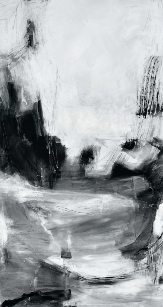 Abstract painting “Where the Path Opens” with a limited palette and strong light-dark contrast by Danish Artist Anitta Jonas