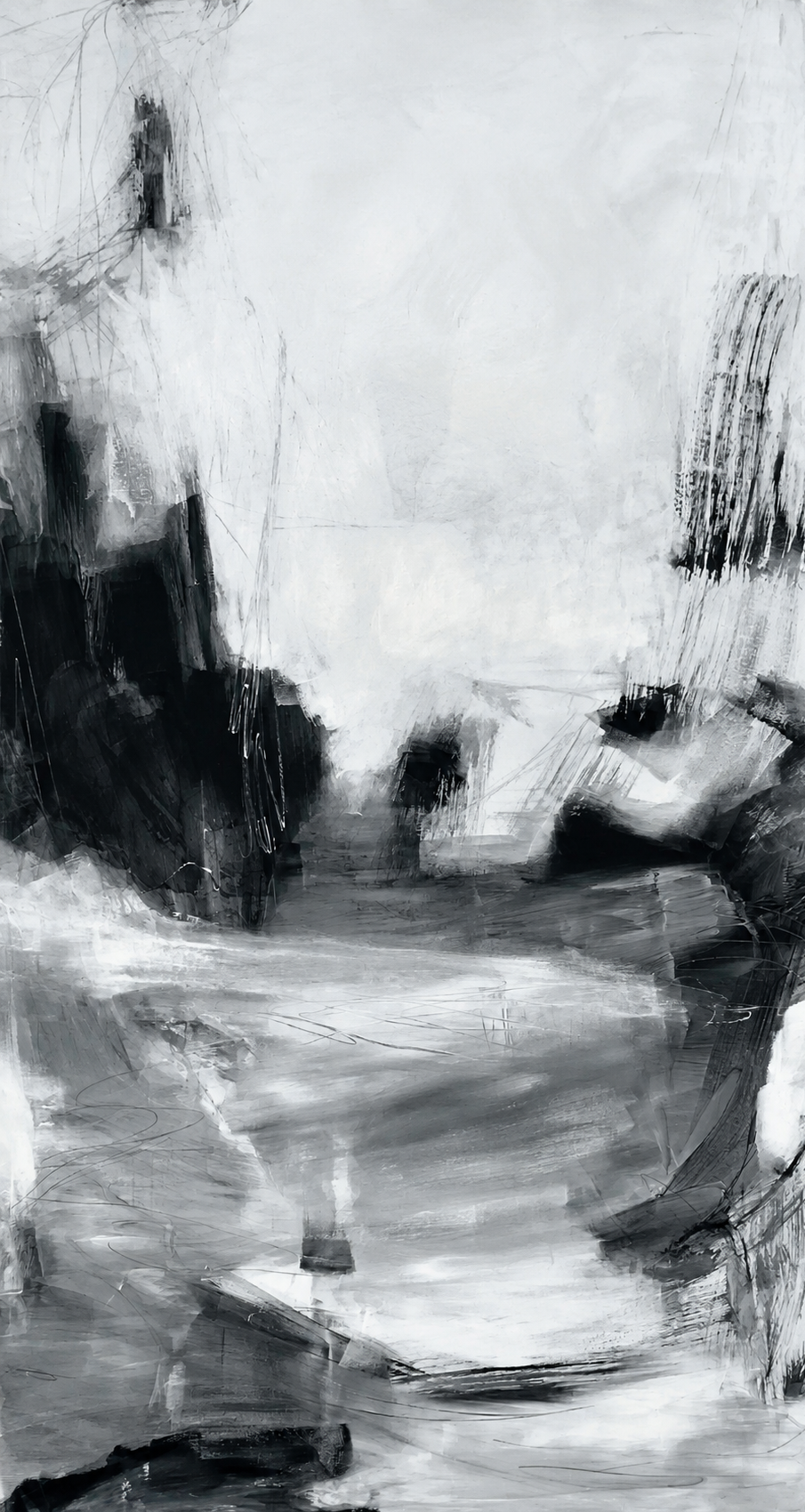 Abstract painting “Where the Path Opens” with a limited palette and strong light-dark contrast by Danish Artist Anitta Jonas