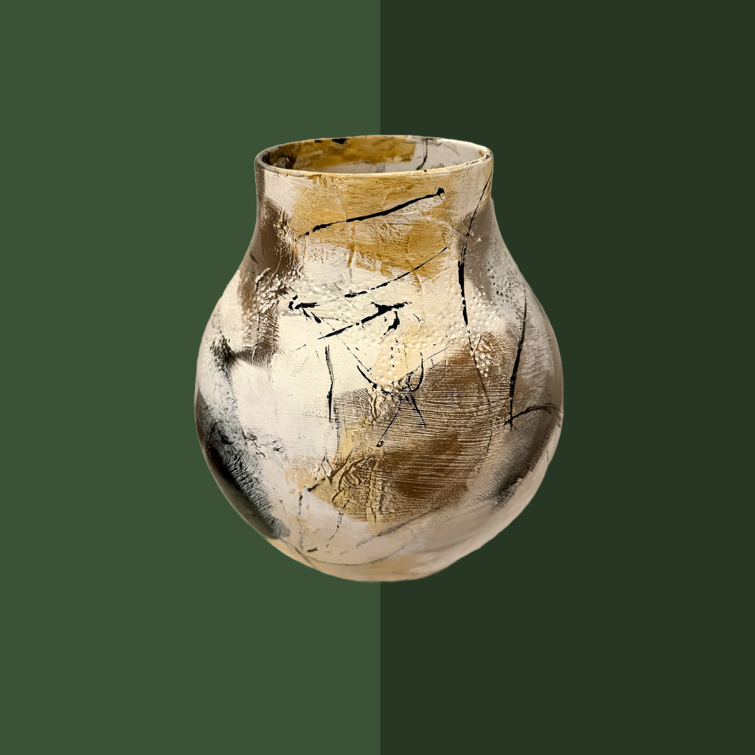 Vintage designer vase by Hella Jongerius, featuring original abstract hand-painted artwork in yellow, beige, white and black by Danish artist Anitta Jonas. Textured surface with delicate lines created using a pheasant feather. The artist painted the vase but did not create its original design.