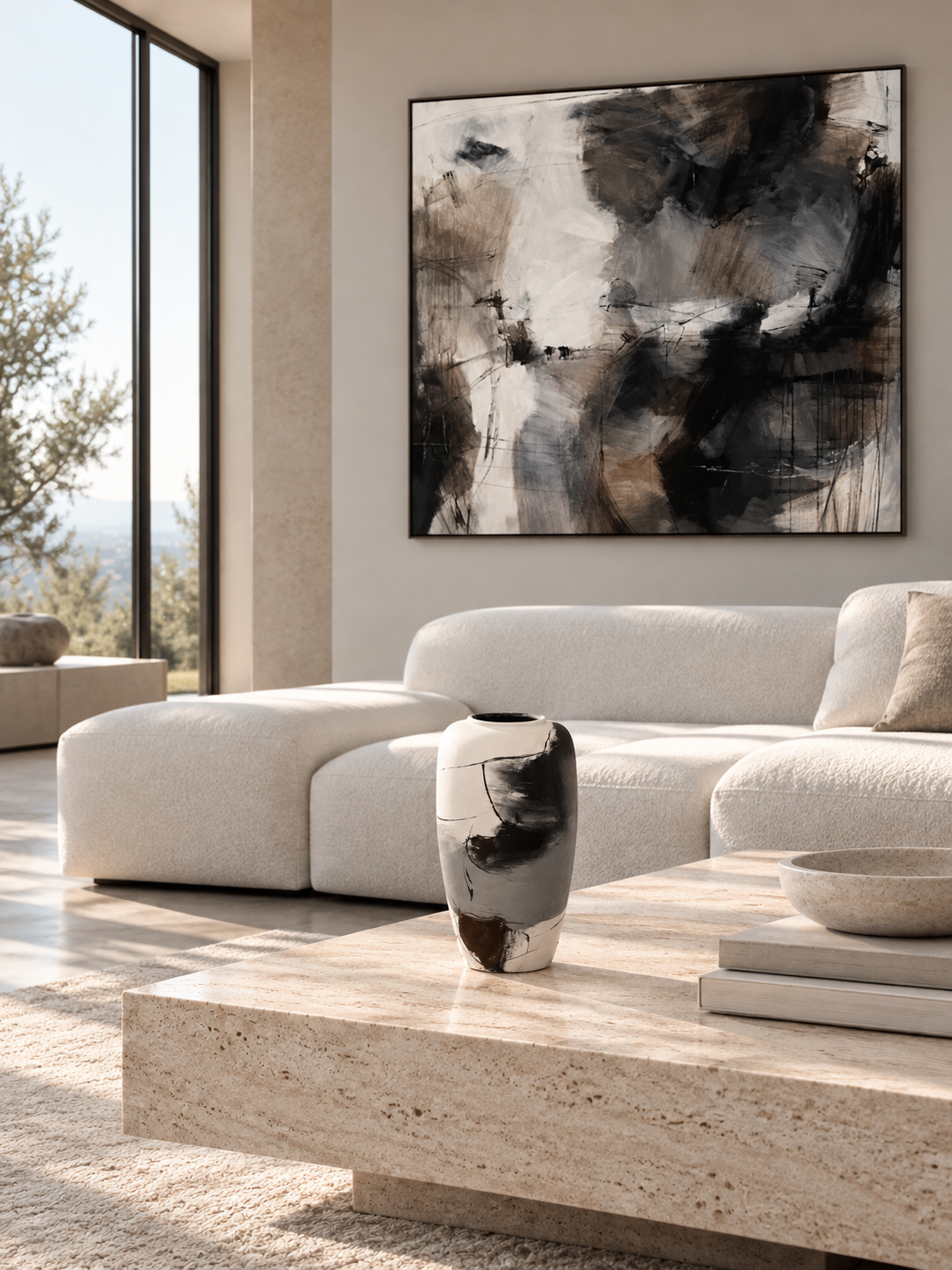 Black and White Vase featuring original abstract hand-painted artwork by Danish artist Anitta Jonas. Black, white and subtle grey tones with fine lines created using a pheasant feather. The vase itself was not made by the artist. AI-generated interior showing the vase on a coffee table in front of a sofa.